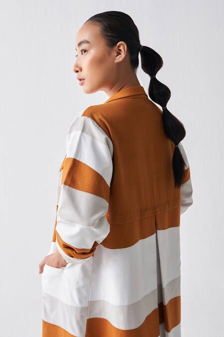 THREE_Orange Chanderi, Crepe, Handloom Cotton Applique Collared Long Jacket _Online_at_Aza_Fashions