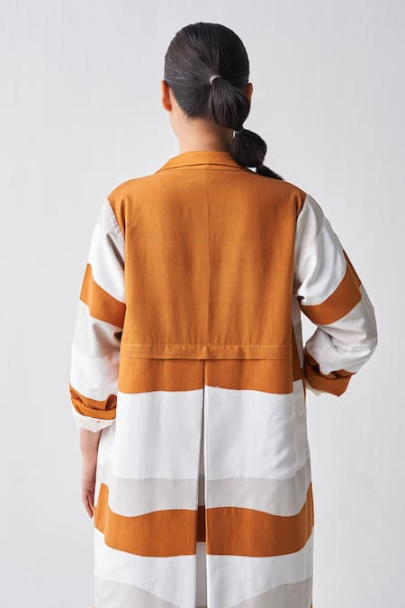Buy_THREE_Orange Chanderi, Crepe, Handloom Cotton Applique Collared Long Jacket _Online_at_Aza_Fashions