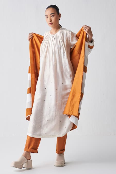 Shop_THREE_Orange Chanderi, Crepe, Handloom Cotton Applique Collared Long Jacket _Online_at_Aza_Fashions