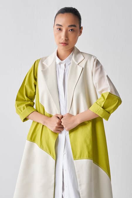 Three Green Chanderi, Tencel Applique Collared Moon Jacket at Aza Fashions Three_Green Chanderi, Tencel Applique Collared Moon Jacket _at_Aza_Fashions