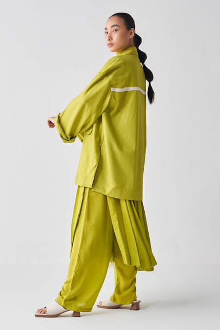 Three_Green Tencel Collared Wide Sleeve Jacket _Online_at_Aza_Fashions