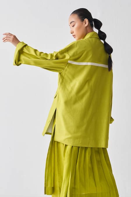 Buy_Three_Green Tencel Collared Wide Sleeve Jacket _Online_at_Aza_Fashions