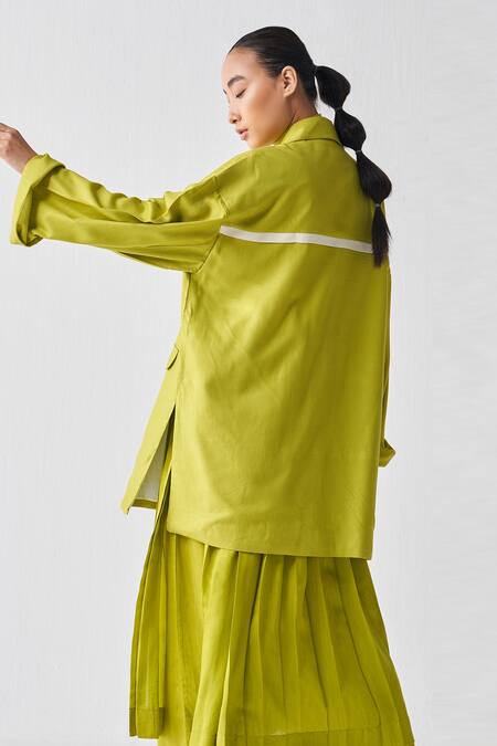Buy_Three_Green Tunic Crepe Jacket Lapel Wide Sleeve Pant Set _Online_at_Aza_Fashions