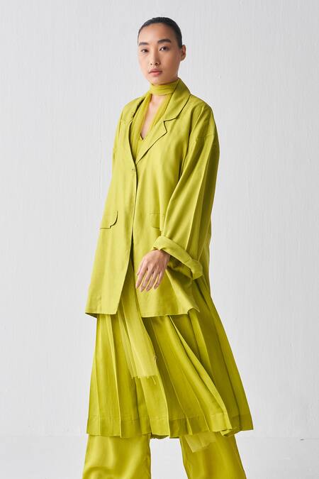 Shop_Three_Green Tunic Crepe Jacket Lapel Wide Sleeve Pant Set _Online_at_Aza_Fashions
