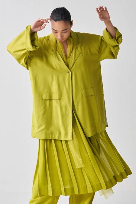 Three_Green Tencel Collared Wide Sleeve Jacket _at_Aza_Fashions