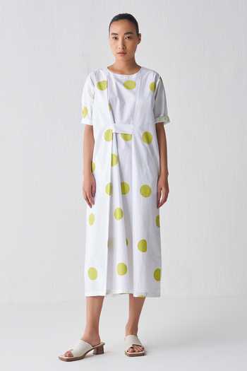 Three_White Poplin Round Neck Knife Pleated Polka Pattern Dress _Online_at_Aza_Fashions
