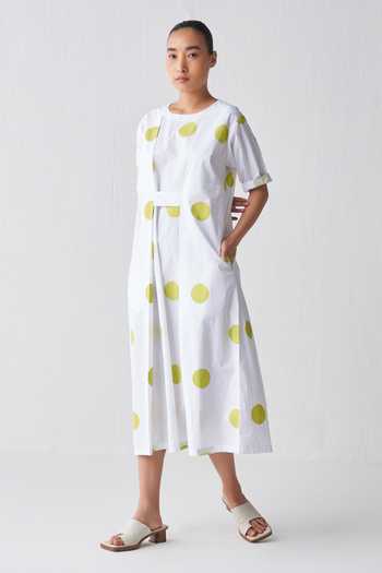 Buy_Three_White Poplin Round Neck Knife Pleated Polka Pattern Dress _Online_at_Aza_Fashions