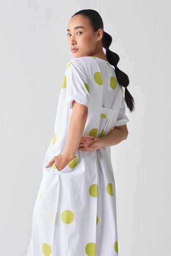 Shop_Three_White Poplin Round Neck Knife Pleated Polka Pattern Dress _Online_at_Aza_Fashions