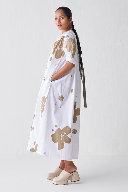 Three White Poplin Embroidery Round Neck Gathered Printed Dress Online at Aza Fashions Three_White Poplin Embroidery Round Neck Gathered Printed Dress _Online_at_Aza_Fashions