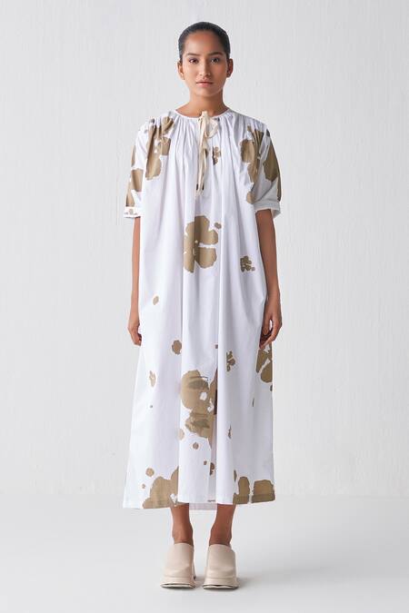 Buy Three White Poplin Embroidery Round Neck Gathered Printed Dress Online at Aza Fashions Buy_Three_White Poplin Embroidery Round Neck Gathered Printed Dress _Online_at_Aza_Fashions