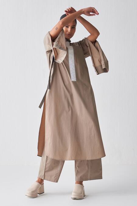 Buy_Three_Grey Poplin Plain Shirt Collar Contrasting Extended Placket Tunic_Online_at_Aza_Fashions