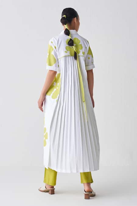 Buy_Three_White Poplin Sequins Collared Back Pleated Floral Pattern Dress _Online_at_Aza_Fashions