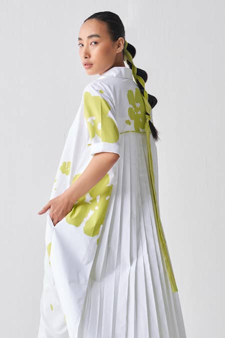 Shop_Three_White Poplin Sequins Collared Back Pleated Floral Pattern Dress _Online_at_Aza_Fashions