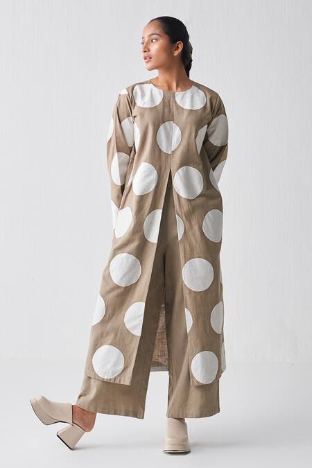 Shop_Three_Grey Poplin, Handloom Cotton, Chanderi Embroidery Round Neck Applique Tunic_Online_at_Aza_Fashions