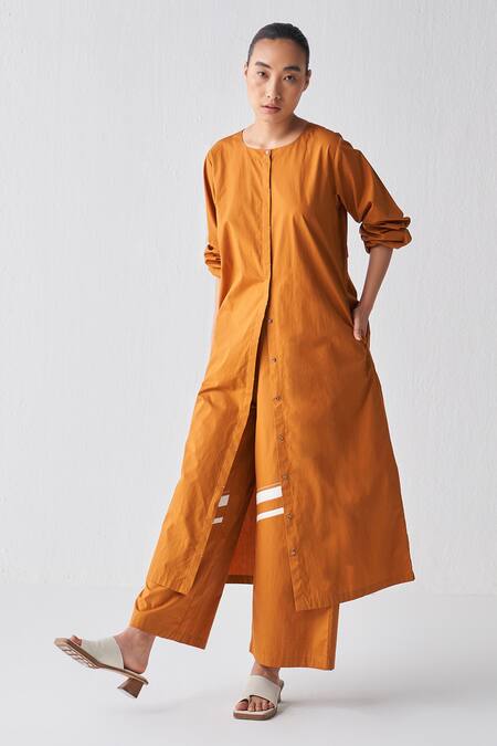 Three_Orange Jacket And Pant Poplin Plain Round Neck Rust Tunic With _Online_at_Aza_Fashions
