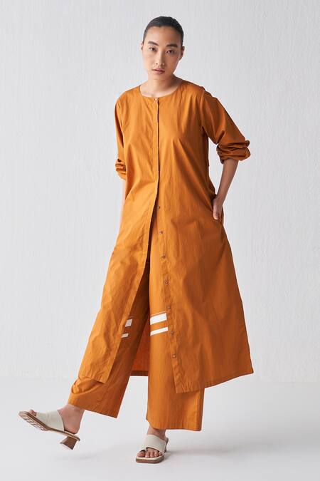 Buy_Three_Orange Poplin Round Neck Pleated Back Jacket _Online_at_Aza_Fashions