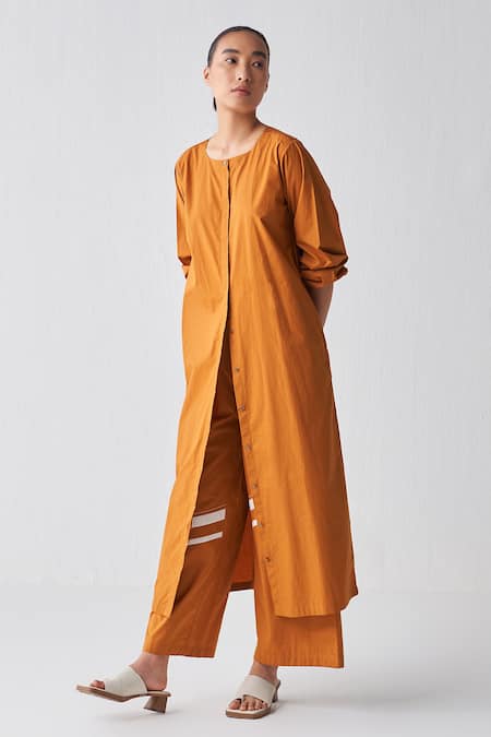 Buy_Three_Orange Jacket And Pant Poplin Plain Round Neck Rust Tunic With _Online_at_Aza_Fashions