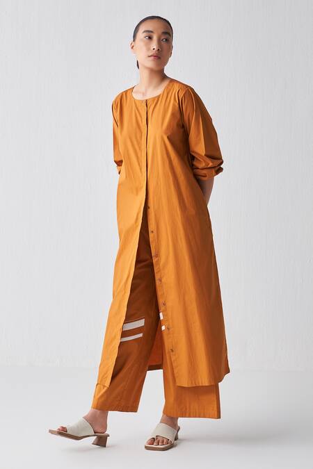 Shop_Three_Orange Poplin Round Neck Pleated Back Jacket _Online_at_Aza_Fashions