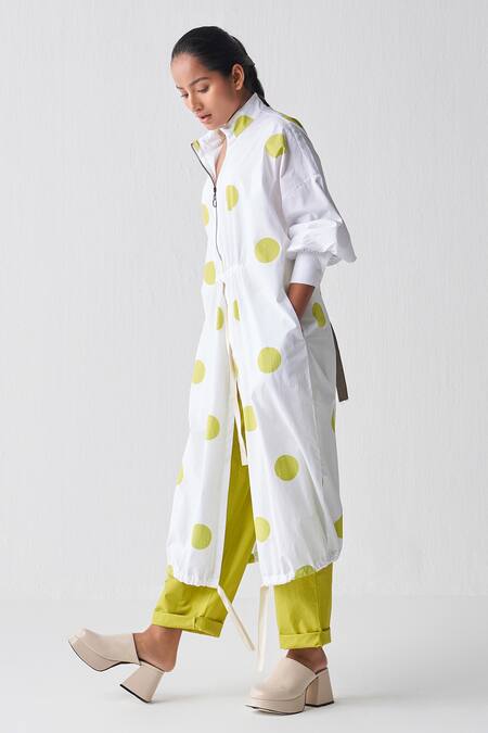 Three Green Poplin Polka Band Collar Pattern Tunic And Narrow Pant Set Online at Aza Fashions Three_Green Poplin Polka Band Collar Pattern Tunic And Narrow Pant Set _Online_at_Aza_Fashions