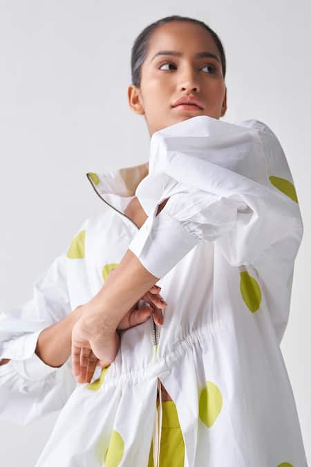 Buy_Three_White Poplin Polka Dot Zip Up Pattern Tunic _Online_at_Aza_Fashions