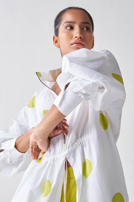 Buy Three Green Poplin Polka Band Collar Pattern Tunic And Narrow Pant Set Online at Aza Fashions Buy_Three_Green Poplin Polka Band Collar Pattern Tunic And Narrow Pant Set _Online_at_Aza_Fashions