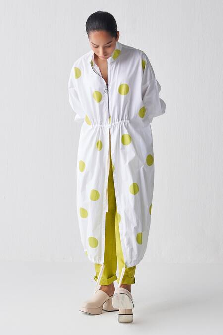 Shop Three Green Poplin Polka Band Collar Pattern Tunic And Narrow Pant Set Online at Aza Fashions Shop_Three_Green Poplin Polka Band Collar Pattern Tunic And Narrow Pant Set _Online_at_Aza_Fashions