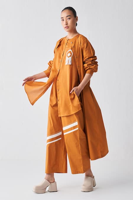 Shop Three Orange Poplin Appliques Striped Diagonal Pattern Pant at Aza Fashions Shop_Three_Orange Poplin Appliques Striped Diagonal Pattern Pant _at_Aza_Fashions