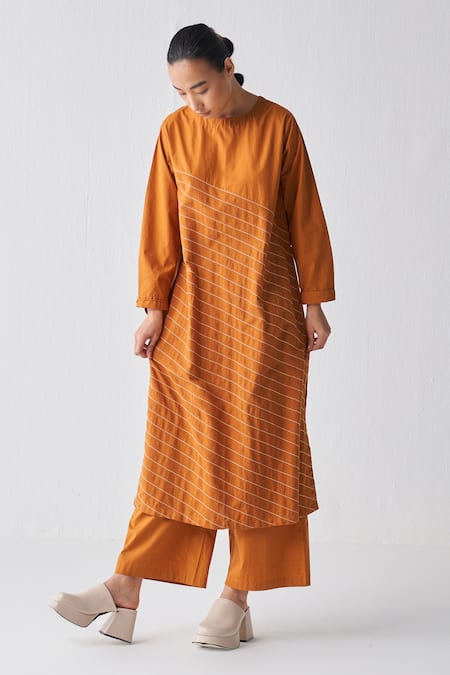 Three_Orange Poplin, Handloom Cotton Embroidery Round Neck Asymmetric Striped Tunic _Online_at_Aza_Fashions