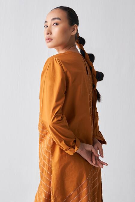 Shop Three Orange Poplin, Handloom Cotton, Chanderi Round Stripe Pattern Tunic Pant Set Online at Aza Fashions Shop_Three_Orange Poplin, Handloom Cotton, Chanderi Round Stripe Pattern Tunic Pant Set_Online_at_Aza_Fashions
