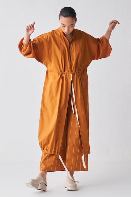 Three_Orange Poplin Plain Zip Up Slit Tunic _Online_at_Aza_Fashions