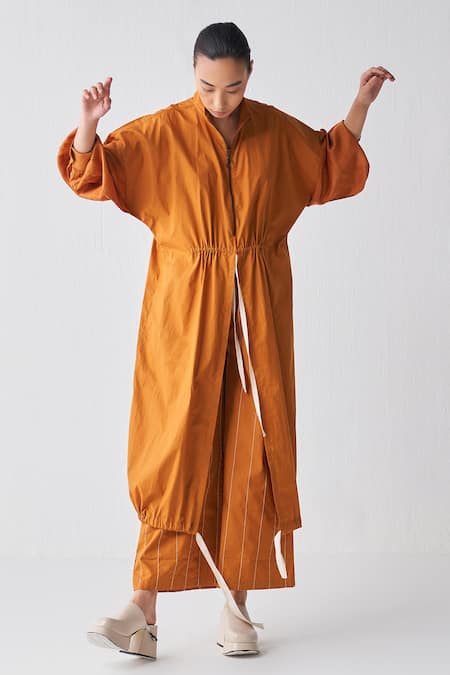 Three Orange Poplin Collared Neck Drawstring Detailed Tunic And Broad Pant Set Online at Aza Fashions Three_Orange Poplin Collared Neck Drawstring Detailed Tunic And Broad Pant Set _Online_at_Aza_Fashions