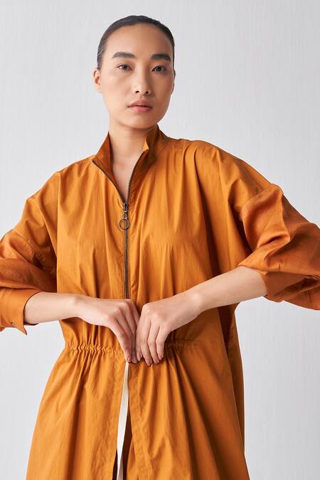 Buy Three Orange Poplin Collared Neck Drawstring Detailed Tunic And Broad Pant Set Online at Aza Fashions Buy_Three_Orange Poplin Collared Neck Drawstring Detailed Tunic And Broad Pant Set _Online_at_Aza_Fashions