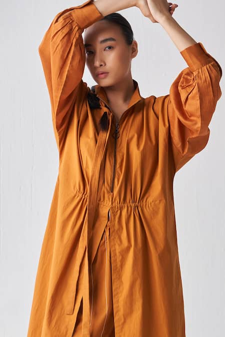 Shop_Three_Orange Poplin Plain Zip Up Slit Tunic _Online_at_Aza_Fashions
