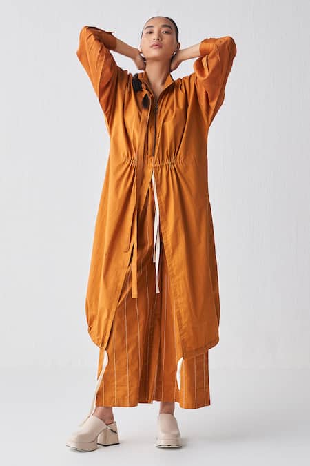 Three_Orange Poplin Plain Zip Up Slit Tunic _at_Aza_Fashions
