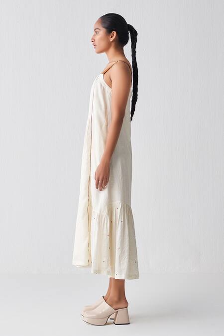 Three_Ivory Silk Square Neck Polka Print Gathered Hem Dress _Online_at_Aza_Fashions