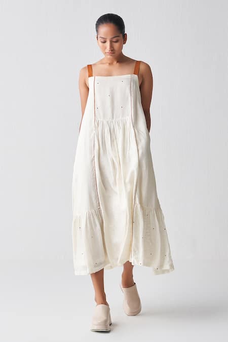 Shop_Three_Ivory Silk Square Neck Polka Print Gathered Hem Dress _Online_at_Aza_Fashions