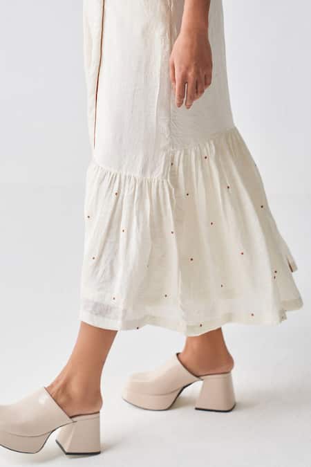 Three_Ivory Silk Square Neck Polka Print Gathered Hem Dress _at_Aza_Fashions