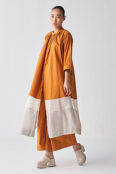 Three Orange Tunic Poplin + Chanderi Gathered Neck Shirt And Broad Pant Set Online at Aza Fashions Three_Orange Tunic Poplin + Chanderi Gathered Neck Shirt And Broad Pant Set _Online_at_Aza_Fashions