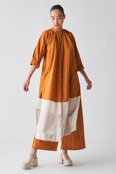 Buy Three Orange Tunic Poplin + Chanderi Gathered Neck Shirt And Broad Pant Set Online at Aza Fashions Buy_Three_Orange Tunic Poplin + Chanderi Gathered Neck Shirt And Broad Pant Set _Online_at_Aza_Fashions
