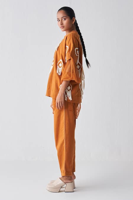 Buy Orange Top Handloom Cotton + Soft Net Layered And Pant Co-ord