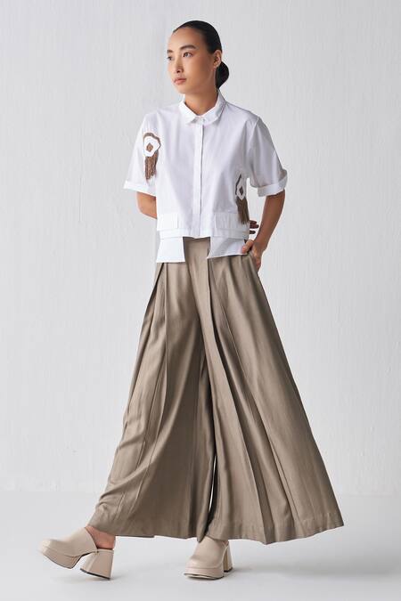 Three_White Poplin, Tencel Embroidery Cropped Fringed Top And Box Pleated Pant Set _Online_at_Aza_Fashions