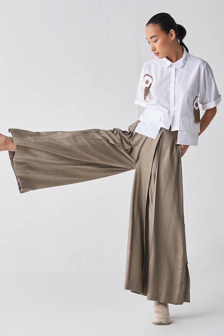 Shop_Three_White Poplin, Tencel Embroidery Cropped Fringed Top And Box Pleated Pant Set _Online_at_Aza_Fashions