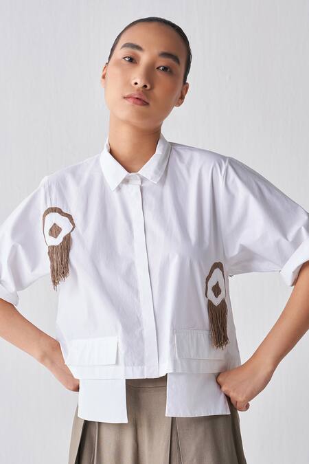 Shop Three White Poplin Fringe Shawl Neck Pattern Cropped Shirt Online at Aza Fashions Shop_Three_White Poplin Fringe Shawl Neck Pattern Cropped Shirt _Online_at_Aza_Fashions