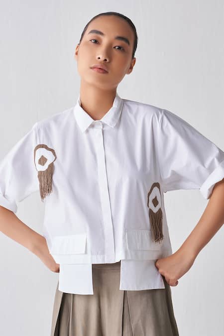 Three_White Poplin, Tencel Embroidery Cropped Fringed Top And Box Pleated Pant Set _at_Aza_Fashions