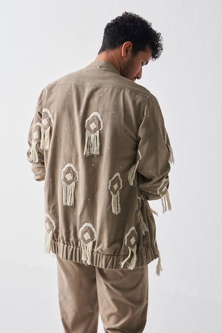 Three_Green Handloom , Fringe Handwoven Bomber Jacket And Pant Set_at_Aza_Fashions