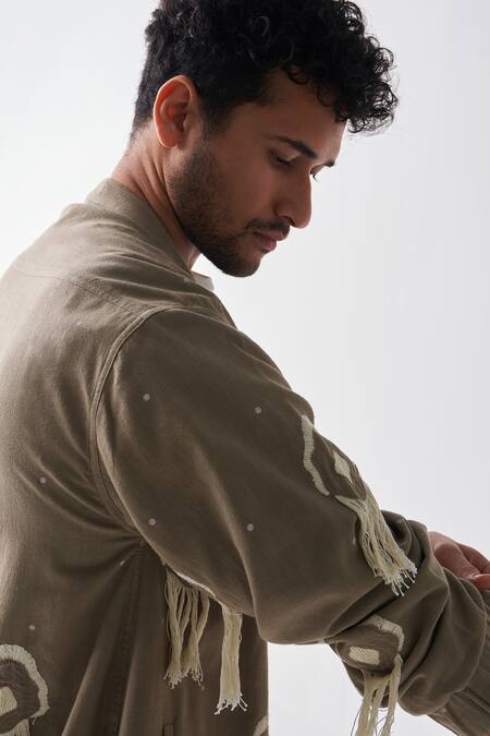 Buy_Three_Green Handloom , Fringe Handwoven Bomber Jacket And Pant Set