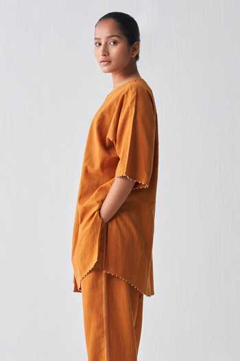 Three Orange Handloom Cotton Embroidery Round Neck Dolman Sleeve Shirt Online at Aza Fashions Three_Orange Handloom Cotton Embroidery Round Neck Dolman Sleeve Shirt_Online_at_Aza_Fashions