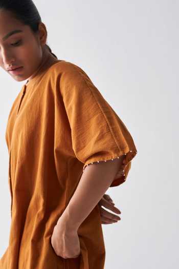Buy Three Orange Handloom Cotton Embroidery Round Neck Dolman Sleeve Shirt Online at Aza Fashions Buy_Three_Orange Handloom Cotton Embroidery Round Neck Dolman Sleeve Shirt_Online_at_Aza_Fashions