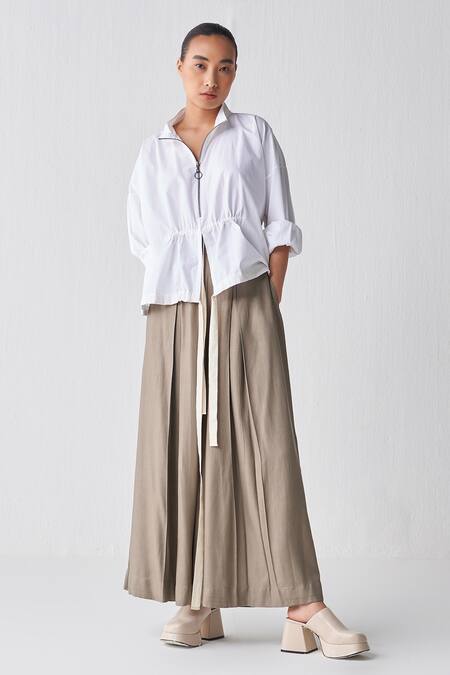 Three_White Poplin Open Neck Flowy Zip Up Top _Online_at_Aza_Fashions