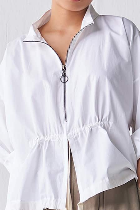 Three_White Poplin Open Neck Flowy Zip Up Top _at_Aza_Fashions